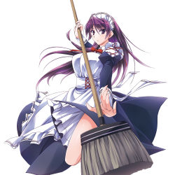 Rule 34 | 1girl, asio (asiogimuto), bad id, bad pixiv id, bow, bowtie, broom, cleaning brush, ginkou no reiter crois, hair between eyes, ingrid malva, long hair, maid, maid headdress, official art, purple eyes, purple hair, red bow, red bowtie, simple background, solo, white background