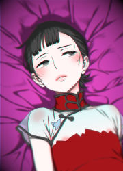 Rule 34 | 1boy, areola slip, black eyes, black hair, blush, china dress, chinese clothes, crossdressing, dress, empty eyes, extra, fetishist, highres, joker game, lips, looking away, lying, makeup, male focus, no bra, on back, parted lips, see-through, short hair, solo, trap
