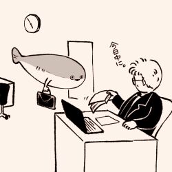 Rule 34 | 1boy, animal focus, briefcase, chair, check translation, clock, computer, fish, formal, glasses, highres, holding, holding briefcase, holding paper, indoors, laptop, looking at animal, monochrome, office, open mouth, original, paper, sacabambaspis, sitting, suit, sushiko engawa, translation request, triangle mouth, wall clock