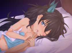 Rule 34 | 1girl, aqua eyes, bad id, bad pixiv id, bed, bed sheet, black hair, blush, camisole, fang, finger to mouth, ganaha hibiki, idolmaster, idolmaster (classic), kuronyan, long hair, lying, navel, on side, one eye closed, open mouth, petite, ponytail, pov, sexually suggestive, solo focus, strap slip, wink