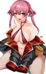 Rule 34 | 1girl, bare shoulders, bikini, black coat, blunt bangs, blush, breasts, choker, cleavage, coat, collarbone, commentary request, criss-cross halter, epaulettes, fang, hair between eyes, hair ribbon, halterneck, heterochromia, highres, hololive, houshou marine, kisaragi tsurugi, large breasts, long hair, looking at viewer, midriff, navel, no eyepatch, off shoulder, open mouth, pink bikini, pink choker, red eyes, red hair, red ribbon, ribbon, shadow, sidelocks, simple background, sitting, skin fang, solo, sweat, swimsuit, twintails, virtual youtuber, wariza, white background, yellow eyes