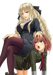 Rule 34 | 2girls, all fours, breasts, cleavage, drill hair, fang, femdom, hairband, human chair, human furniture, large breasts, crossed legs, lips, long hair, military, military uniform, miniskirt, multiple girls, nakayama yukiji, necktie, pantyhose, pencil skirt, short hair, sitting, sitting on person, skirt, uniform, very long hair