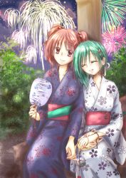 Rule 34 | 2girls, aerial fireworks, alternate costume, bracelet, bush, cherry blossoms, closed eyes, colored eyelashes, fireworks, floral print, flower, fox mask, green hair, hair bobbles, hair ornament, hairclip, hand fan, holding hands, japanese clothes, jewelry, kiduki kaya, kimono, leaning on person, light smile, looking at viewer, mask, multiple girls, night, obi, onozuka komachi, outdoors, paper fan, red eyes, red hair, sash, shiki eiki, short hair, sitting, spider lily, spider lily print, summer festival, touhou, twintails, two side up, uchiwa, wind chime, yukata, yuri