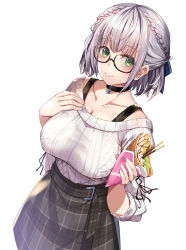 Rule 34 | 1girl, absurdres, black choker, blush, braid, breasts, brown-framed eyewear, choker, closed mouth, collarbone, commentary request, crepe, food, glasses, green eyes, grey skirt, hands up, highres, holding, holding food, hololive, long sleeves, looking at viewer, medium breasts, official alternate costume, plaid, plaid skirt, renka (renkas), ribbed sweater, semi-rimless eyewear, shirogane noel, shirogane noel (casual), short hair, silver hair, simple background, skirt, smile, solo, sweater, under-rim eyewear, virtual youtuber, white background, white sweater