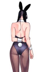 Rule 34 | 1girl, alternate costume, animal ears, arm behind back, ass, back, black hair, black leotard, brown pantyhose, detached collar, fake animal ears, fake tail, from behind, highres, kantai collection, leotard, long hair, ooyodo (kancolle), pantyhose, playboy bunny, shishanmo, simple background, solo, tail, white background, wrist cuffs