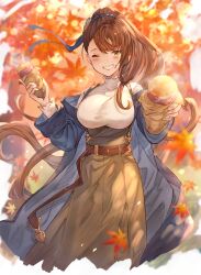Rule 34 | 1girl, alternate costume, asymmetrical bangs, autumn leaves, ayacho, beatrix (granblue fantasy), belt, blue coat, blue ribbon, blurry, blurry background, blurry foreground, breasts, brown belt, brown hair, brown skirt, casual, coat, commentary request, commission, contemporary, cropped legs, floating hair, food, food on face, food wrapper, granblue fantasy, green eyes, grin, hair ribbon, hand up, high-waist skirt, highres, incoming food, large breasts, leaf, long hair, long sleeves, looking at viewer, maple leaf, off shoulder, one eye closed, open clothes, open coat, ponytail, reaching, reaching towards viewer, ribbon, roasted sweet potato, shirt, skeb commission, skirt, smile, solo, steam, suspender skirt, suspenders, sweet potato, taut clothes, taut shirt, very long hair, white shirt