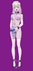 Rule 34 | 1girl, blood, breasts, censored, chain, character request, choker, collar, colored blood, colored tongue, copyright request, emoji, emoji censor, green blood, hair between eyes, hexagram, high heels, highres, looking at viewer, maid, navel, nude, open mouth, purple background, purple tongue, short hair, simple background, skull, smile, solo, star of david, stomach, symbol, tagme, thighhighs, white thighhighs, yd (orange maru)