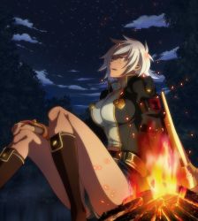 Rule 34 | 1girl, arm support, armband, ass, bare legs, black jacket, blazblue, boots, breasts, brown eyes, brown footwear, bullet (blazblue), cleavage, cloud, collarbone, cup, dark-skinned female, dark skin, denim, denim shorts, fingerless gloves, fire, gauntlets, gloves, highres, jacket, large breasts, looking afar, looking up, micro shorts, navel, night, night sky, official art, open clothes, open jacket, outdoors, scar, shiny skin, short hair, short shorts, shorts, sitting, sky, solo, spiked hair, spread legs, star (sky), stomach, white hair