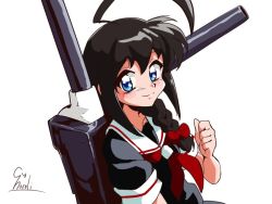 1990s_(style) 1girl ahoge black_hair black_serafuku blue_eyes braid cannon choroli_(chorolin) female_focus hair_over_shoulder huge_ahoge kantai_collection looking_at_viewer neckerchief parody red_neckerchief retro_artstyle rigging sailor_collar school_uniform serafuku shigure_(kancolle) signature simple_background single_braid smile solo style_parody white_background white_sailor_collar