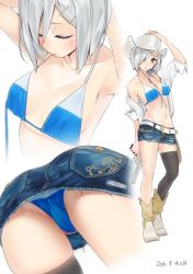 Rule 34 | 10s, 1girl, 2016, ama mitsuki, armpits, arms behind head, arms up, ass, belt, belt buckle, bikini, bikini top only, bikini under clothes, black thighhighs, blue bikini, blue eyes, blush, boots, breasts, buckle, cameltoe, cleavage, closed eyes, clothes lift, collarbone, commentary request, contrapposto, cowboy boots, cowboy hat, dated, denim, denim skirt, full body, gun, hair ornament, hair over one eye, hairclip, hamakaze (kancolle), handgun, hat, holding, holding gun, holding weapon, kantai collection, looking at viewer, lower body, medium breasts, midriff, miniskirt, multiple views, navel, open clothes, open shirt, revolver, shirt, short hair, signature, silver hair, simple background, single thighhigh, skirt, skirt lift, standing, striped bikini, striped clothes, swimsuit, thighhighs, trefoil, trigger discipline, untied bikini, upper body, upskirt, weapon, white background, white shirt