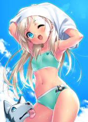 Rule 34 | 1girl, 1other, belka, bikini, blonde hair, blue eyes, blue sky, cloud, collarbone, commentary request, contrapposto, cowboy shot, day, dog, fang, flat chest, from below, green bikini, little busters!, long hair, midriff, navel, noumi kudryavka, one eye closed, open mouth, outdoors, shirt, sky, smile, standing, swimsuit, undressing, white shirt, zen