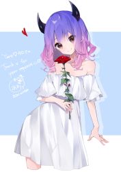 Rule 34 | 1girl, aoiro 0w0, bare shoulders, brown eyes, character name, collarbone, commentary, commission, dress, english commentary, eyebrows hidden by hair, flat chest, flower, gradient hair, heart, highres, holding, holding flower, horns, indie virtual youtuber, medium hair, multicolored hair, off-shoulder dress, off shoulder, open hand, pink hair, purple hair, rose, second-party source, skeb commission, smile, solo, taro tapioca, virtual youtuber, white dress