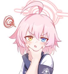 Rule 34 | 1girl, 1other, absurdres, ahoge, black vest, blue archive, blue eyes, blush, fang, hair between eyes, halo, highres, hoshino (blue archive), hoshino (young) (blue archive), looking at viewer, open mouth, pink hair, pink halo, shirt, short hair, simple background, solo focus, squatting, upper body, vest, white background, white shirt, wnsgur6686, yellow eyes