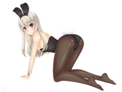 Rule 34 | 1girl, absurdres, all fours, animal ears, ass, back-seamed legwear, black leotard, black pantyhose, blonde hair, commentary request, fake animal ears, fate/kaleid liner prisma illya, fate (series), fishnet pantyhose, fishnets, highres, illyasviel von einzbern, leotard, long hair, looking at viewer, pantyhose, playboy bunny, rabbit ears, rabbit tail, red eyes, sainohikari, seamed legwear, simple background, smile, solo, strapless, strapless leotard, tail, white background, wrist cuffs