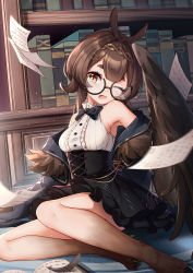Rule 34 | 1girl, absurdres, bare shoulders, bird legs, black jacket, black legwear, book, bookshelf, breasts, brown eyes, brown hair, brown wings, chinese commentary, clover theater, commentary request, eyewear strap, feathered wings, glasses, harpy, high-waist skirt, highres, jacket, looking at viewer, medium breasts, monster girl, norris (clover theater), one eye closed, open mouth, paper, qianze chia, shirt, short hair, sitting, skirt, sleeveless, sleeveless shirt, solo, thick eyebrows, white shirt, winged arms, wings