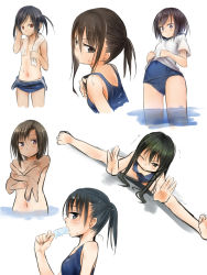 Rule 34 | 6+girls, akino shuu, barefoot, black hair, brown eyes, brown hair, clothes pull, cropped legs, flat chest, food, iroha kaede, long hair, multiple girls, multiple views, navel, nude, one-piece swimsuit pull, one-piece tan, original, outstretched hand, partially submerged, ponytail, popsicle, purple eyes, red eyes, school swimsuit, shirt, short ponytail, short twintails, sketch, split, spread legs, stretching, swimsuit, swimsuit under clothes, tan, tanline, topless, towel, towel around neck, trembling, twintails, wading