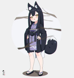 Rule 34 | animal ear fluff, animal ears, bike shorts, black footwear, black hair, black shorts, blurry, blurry background, blurry foreground, blush, branch, colored shadow, commentary request, depth of field, fox ears, fox girl, fox tail, full body, green eyes, grey background, hands on own hips, japanese clothes, kimono, kuro kosyou, long hair, long sleeves, looking at viewer, obi, open clothes, original, parted lips, purple kimono, sandals, sash, shadow, short kimono, short shorts, shorts, solo, standing, tail, wide sleeves, yui (kuro kosyou), zouri