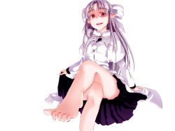 Rule 34 | 00s, 1girl, barefoot, bow, capelet, crossed legs, dress, evil smile, feet, foot focus, hair bow, half updo, long hair, melty blood, mikeco, pointy ears, red eyes, silver hair, sitting, slit pupils, smile, solo, toes, tsukihime, white len (tsukihime)