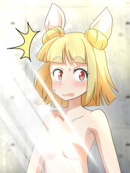 Rule 34 | 1girl, ^^^, blonde hair, blunt bangs, blush, bob cut, breasts, cato (monocatienus), collarbone, commentary, double bun, embarrassed, hair bun, hair ribbon, joutouguu mayumi, light censor, looking at viewer, medium hair, nude, open mouth, red eyes, ribbon, small breasts, solo, sweatdrop, touhou, upper body, white ribbon