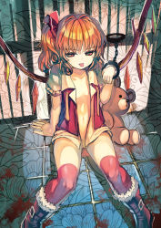 Rule 34 | 1girl, blonde hair, blood, boots, bottomless, chain, cuffs, female focus, flandre scarlet, hair ribbon, handcuffs, highres, long hair, md5 mismatch, no bra, no headwear, no headwear, no panties, no pussy, open clothes, open shirt, organ derwald, prison cell, red eyes, red thighhighs, ribbon, shackles, shirt, side ponytail, sitting, solo, stuffed animal, stuffed toy, teddy bear, thighhighs, tongue, tongue out, touhou, wings