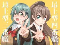 Rule 34 | 2girls, anniversary, aqua hair, blazer, blue eyes, blush, breasts, brown hair, brown jacket, green eyes, hair between eyes, hair ornament, hairclip, jacket, jewelry, kantai collection, kumano (kancolle), long hair, long sleeves, mikagami sou, multiple girls, open mouth, orange background, ponytail, red neckwear, ring, simple background, smile, suzuya (kancolle), upper body, wedding band
