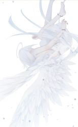 Rule 34 | 1girl, ahoge, anklet, back, bare shoulders, barefoot, bracelet, dress, floating, highres, jewelry, original, solo, straight hair, tsuki mitsu, white dress, white theme, white wings, wings