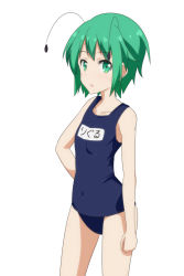 Rule 34 | 1girl, antennae, bare arms, bare shoulders, blue one-piece swimsuit, cato (monocatienus), collarbone, commentary request, covered navel, cowboy shot, female focus, green eyes, green hair, hand on own hip, highres, looking at viewer, matching hair/eyes, name tag, old school swimsuit, one-piece swimsuit, open mouth, school swimsuit, short hair, simple background, solo, swimsuit, touhou, white background, wriggle nightbug