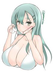 Rule 34 | 10s, 1girl, aqua hair, bikini, blush, breasts, brown eyes, cleavage, unworn eyewear, female focus, glasses, green hair, hair ornament, hairclip, hassen (8cm), holding, holding removed eyewear, kantai collection, large breasts, long hair, looking at viewer, parted lips, simple background, solo, strap gap, suzuya (kancolle), swimsuit, twitter username, upper body, white background, white bikini