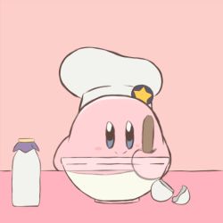 Rule 34 | 1boy, animated, animated gif, batter, blue eyes, border, bottle, chef hat, chocomiru, colored skin, cooking, food, hat, kirby, kirby (series), mixing, mixing bowl, nintendo, no humans, pink background, pink skin, simple background, solo, star (symbol), stirring, white border