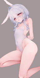 Rule 34 | 1girl, absurdres, ahoge, animal ears, arms behind back, black choker, blush, bound, bound arms, choker, covered navel, eyelashes, flat chest, hair intakes, half-closed eyes, highres, leotard, long hair, looking at viewer, original, rabbit ears, simple background, solo, twintails, wakaba (945599620), white hair, white leotard