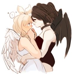 Rule 34 | !, 2girls, angel, angel wings, black hair, blush, chadolbaegi, choker, couple, covering own mouth, demon, demon wings, hairband, holding, looking at another, lowres, monster girl, multiple girls, original, profile, short hair, shy, speech bubble, wings, yuri