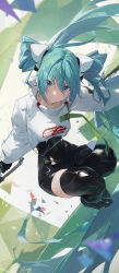 Rule 34 | 1girl, absurdly long hair, absurdres, aqua eyes, aqua hair, black bodysuit, black thighhighs, bodysuit, breasts, closed mouth, confetti, cropped jacket, flame print, floating hair, full body, goodsmile racing, hatsune miku, headgear, highres, jacket, knees up, long hair, looking at viewer, modare, racing miku, racing miku (2022), single thighhigh, smile, smiley face, solo, thighhighs, twintails, v-shaped eyebrows, very long hair, vocaloid, white jacket