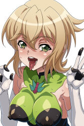 Rule 34 | 1girl, absurdres, akatsuki kirika, blonde hair, blush, breasts, covered erect nipples, elbow gloves, gloves, green eyes, green leotard, highres, impossible clothes, impossible leotard, leotard, looking at viewer, medium breasts, open mouth, senki zesshou symphogear, shiny clothes, shiny skin, short hair, simple background, skin tight, smile, solo, sweat, syunzou, tongue, tongue out, upper body, v, white background
