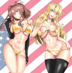 Rule 34 | 1girl, american flag background, bikini, black gloves, black thighhighs, blonde hair, blue eyes, breasts, brown hair, commentary request, cowboy shot, elbow gloves, gloves, gold bikini, highres, iowa (kancolle), kantai collection, ken (shutenndouji1), large breasts, long hair, ponytail, saratoga (kancolle), side ponytail, sidelocks, solo, standing, swimsuit, thighhighs