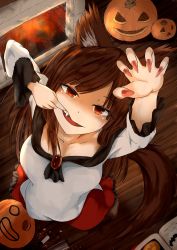 Rule 34 | 1girl, animal ears, arm up, book, broom, brown footwear, brown hair, claw pose, commentary request, dress, fangs, fire, fireplace, from above, full body, highres, imaizumi kagerou, jack-o&#039;-lantern, kagami toufu, long hair, long sleeves, looking at viewer, mouth pull, nail polish, pumpkin, red eyes, red nails, solo, standing, tail, touhou, wolf ears, wolf tail, wooden floor