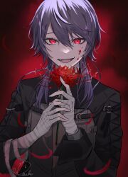 Rule 34 | 1boy, bandaged arm, bandaged hand, bandages, blood, blood on face, commentary request, flower, grey hair, grey jacket, hair between eyes, hair over shoulder, hands up, highres, holding, holding flower, jacket, kenmochi touya, long hair, looking at viewer, nijisanji, open mouth, red background, red eyes, red flower, signature, snowlight candy, solo, spider lily, teeth, tsurime, upper body, virtual youtuber