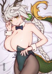 Rule 34 | 1girl, absurdres, asymmetrical hair, bare shoulders, braid, braided ponytail, breasts, cleavage, dragon girl, dragon horns, highres, horns, kantai collection, leotard, long hair, looking at viewer, lying, namaata, on bed, on side, playboy bunny, single braid, smile, unryuu (kancolle), very long hair, wavy hair, white hair, wrist cuffs, yellow eyes