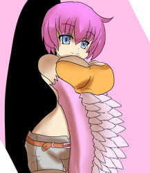 Rule 34 | 1girl, bad id, bad pixiv id, belt, blue eyes, breasts, breasts squeezed together, feathers, harpy, harpy (monster girl encyclopedia), hatikosuto, large breasts, lolououo, monster girl, monster girl encyclopedia, pink hair, shorts, solo, winged arms, wings