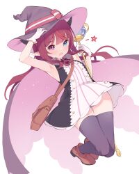 Rule 34 | 1girl, absurdres, armpits, bag, black thighhighs, blue eyes, bow, cape, cosplay, demon horns, dress, fang, gloves, hat, hat bow, heterochromia, highres, holding, holding staff, hololive, hololive english, horns, irys (hololive), legs together, light blush, little witch nobeta, long hair, looking at viewer, namiorii, nobeta, nobeta (cosplay), open mouth, panties, panty peek, pointy ears, purple eyes, purple hair, short dress, shoulder bag, simple background, skin fang, sleeveless, sleeveless dress, solo, staff, star (symbol), thighhighs, underwear, virtual youtuber, white background, white gloves, witch hat