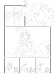 Rule 34 | 10s, 2girls, :d, ^ ^, arms up, blush, bookshelf, bow, closed eyes, comic, elbow gloves, female focus, flying sweatdrops, gloves, greyscale, hair bow, hairband, highres, kantai collection, lineart, long hair, mikeco, monochrome, multiple girls, neckerchief, open mouth, ponytail, rabbit pose, sailor collar, samidare (kancolle), school uniform, serafuku, shirt, silent comic, sleeveless, sleeveless shirt, smile, swept bangs, tank top, uniform, very long hair, white background, yuubari (kancolle)