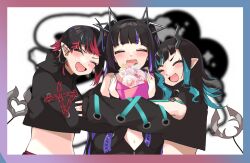 Rule 34 | 3girls, black hair, black jacket, blue hair, blunt bangs, blush, bouquet, chain, closed eyes, clothing cutout, commentary request, cropped jacket, cross-laced clothes, cross-laced sleeves, demon girl, demon horns, demon tail, ear chain, ear piercing, flower, highres, holding, holding bouquet, horns, hug, jacket, kojo anna, kojo anna (1st costume), long hair, long sleeves, midriff, multicolored hair, multiple girls, nanashi inc., navel, off shoulder, open mouth, piercing, pink flower, pointy ears, purple hair, red hair, ryugasaki rene, ryugasaki rene (1st costume), shishio chris, short hair, shoulder cutout, smile, sugar lyric, tail, twintails, two-tone hair, upper body, virtual youtuber, zipper, zono (inokura syuzo029)