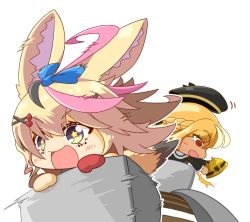 Rule 34 | :d, animal ear fluff, animal ears, beret, black hair, blonde hair, blush, bow, braid, chibi, commentary, commentary request, fox ears, fox girl, fox tail, french braid, gloves, hair between eyes, hair ornament, hat, helmet, highres, holding, holding helmet, hololive, letterboxed, long hair, minecart, minecraft, multicolored hair, multiple girls, no nose, nokiri, omaru polka, omaru polka (1st costume), open mouth, outline, pink hair, red gloves, ribbon, shiranui flare, shiranui flare (street), single glove, smile, star-shaped pupils, star (symbol), sweatdrop, symbol-only commentary, symbol-shaped pupils, tail, unworn headwear, virtual youtuber, white outline