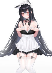 Rule 34 | 1girl, absurdres, animal ears, apron, bare shoulders, black hair, breasts, cleavage, garter straps, highres, kirin3145, legs together, looking at viewer, maid, maid apron, maid headdress, medium breasts, red eyes, thighhighs, thighs, vivid (production), white thighhighs, xingye (xing)
