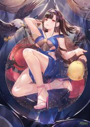Rule 34 | 1girl, ahoge, arm up, atdan, azur lane, bare legs, bare shoulders, bird, black hair, blue dress, breasts, chick, collarbone, dress, eagle, earrings, hair ornament, hairband, high heels, highres, independence (azur lane), independence (the independent line) (azur lane), jewelry, large breasts, long hair, looking at viewer, manjuu (azur lane), parted lips, red eyes, revealing clothes, sandals, sleeveless, sleeveless dress, solo, thighs, water