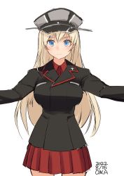 Rule 34 | 1girl, bismarck (kancolle), black jacket, black shirt, blonde hair, blue eyes, commentary request, cosplay, country connection, dress, girls und panzer, hat, highres, jacket, kantai collection, kuromorimine military uniform, long sleeves, looking at viewer, military, military uniform, miniskirt, one-hour drawing challenge, outstretched arms, owa (ishtail), peaked cap, pleated dress, pleated skirt, red shirt, red skirt, shirt, simple background, skirt, solo, uniform, white background, wing collar