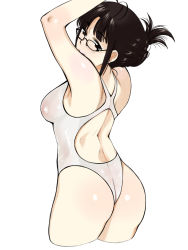 Rule 34 | 1girl, akizuki ritsuko, antenna hair, armpits, arms up, ass, back, back cutout, bare arms, bare shoulders, black-framed eyewear, blunt bangs, blush, breasts, brown eyes, brown hair, closed mouth, clothing cutout, competition swimsuit, cowboy shot, cropped legs, curvy, folded ponytail, glasses, highres, hip focus, humiyou, idolmaster, idolmaster (classic), medium breasts, one-piece swimsuit, shiny clothes, short hair, sidelocks, simple background, smile, solo, standing, swimsuit, thighs, wet, wet clothes, wet swimsuit, white background, white one-piece swimsuit