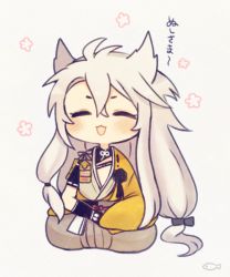 Rule 34 | 10s, 1boy, ayu (mog), bad id, bad pixiv id, blue theme, chibi, closed eyes, full body, japanese clothes, kogitsunemaru, long hair, low-tied long hair, male focus, open mouth, simple background, solo, text focus, touken ranbu, translation request, white background