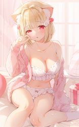 Rule 34 | 1girl, ahoge, animal ear fluff, animal ears, bare shoulders, blonde hair, bloomers, breasts, cat ears, cleavage, collarbone, crop top, finger to cheek, frills, hair bobbles, hair ornament, hairclip, hand up, highres, jacket, kemomimi refle!, kinako (shiratama mochi), lingerie, looking at viewer, medium breasts, midriff, navel, nekoma karin, off shoulder, open clothes, open jacket, parted lips, pink jacket, red eyes, short hair, sitting, sleeveless, socks, solo, spaghetti strap, stomach, thighs, two side up, underwear, uneven eyes, virtual youtuber, white bloomers