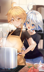 Rule 34 | 1boy, 1girl, absurdres, aether (genshin impact), ahoge, alternate costume, apron, behind another, bimmy, black shirt, black undershirt, blonde hair, blue eyes, blue shorts, brown apron, casual, closed mouth, cooking, cooking pot, cowlick, furina (genshin impact), genshin impact, hands on another&#039;s shoulders, heterochromia, highres, indoors, kitchen, long hair, low-braided long hair, low-tied long hair, open mouth, shirt, short hair, short shorts, shorts, smile, tomato, upper body, wavy hair, white hair, yellow eyes