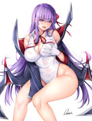 Rule 34 | 1girl, bb (fate), bb (fate) (all), bb (swimsuit mooncancer) (fate), bb (swimsuit mooncancer) (third ascension) (fate), black coat, breasts, cleavage, coat, commentary request, fate/grand order, fate (series), feet out of frame, gloves, highleg, highleg leotard, highres, invisible chair, ishigami kazui, large breasts, leotard, long hair, looking at viewer, open clothes, popped collar, purple eyes, purple hair, signature, sitting, solo, tongue, tongue out, white gloves, white leotard